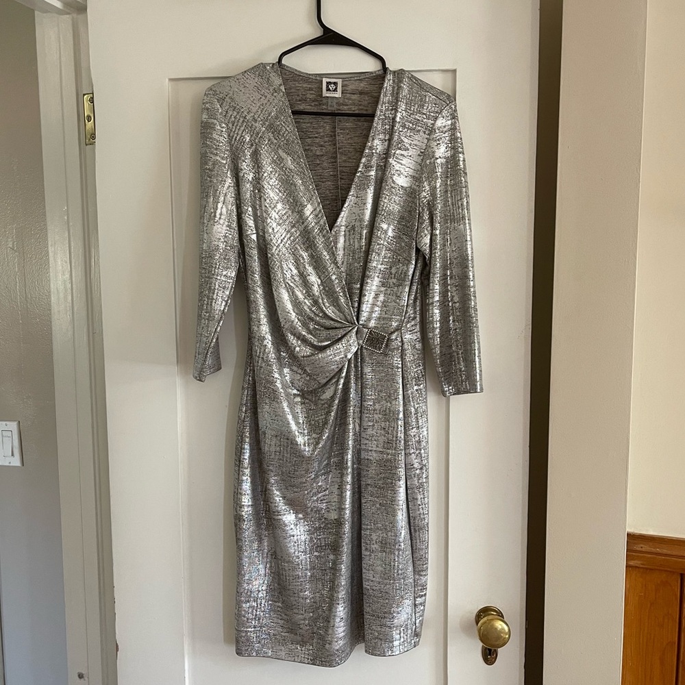 Anne Klein Silver Faux Wrap Dress Size 8 Medium
